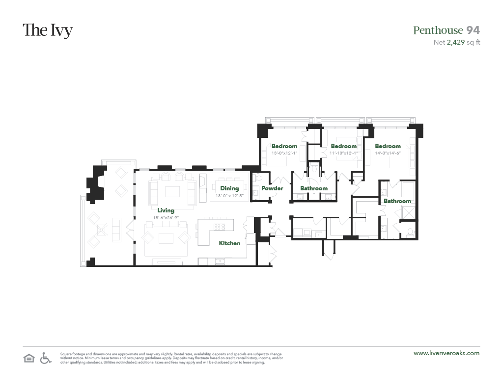 Floor plan for 3 beds, 3.5 baths, 2430 sqft